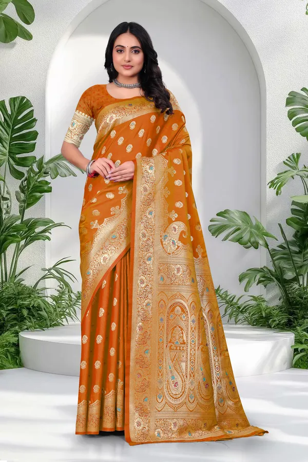 Mustard_Orange_Banarasi_Silk_Saree_With_Golden_Zari_Work