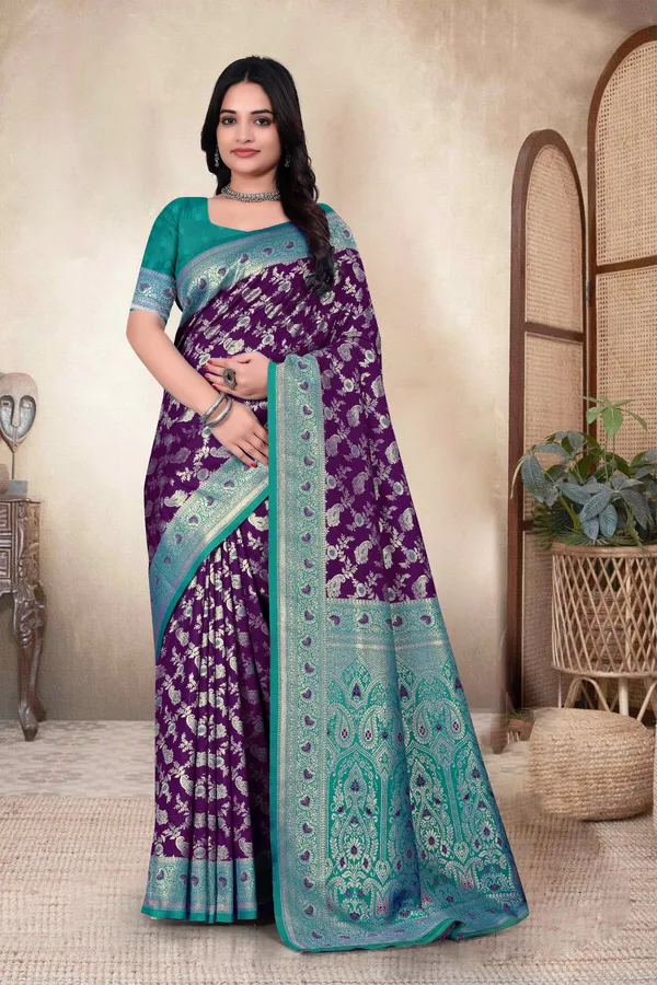 Purple_Banarasi_Silk_Saree_With_Teal_Zari_Border_And_Blouse
