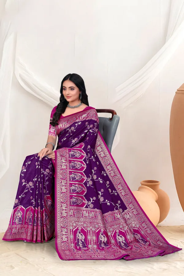 Navy_Blue_Banarasi_Silk_Saree_With_Pink_Zari_Border