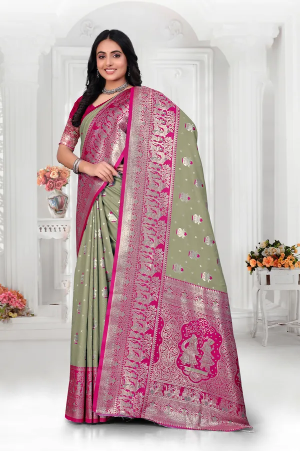 Banarasi_Silk_Saree_With_Zari_Weaving_-_Mehendi_Green_And_Magenta_Pink