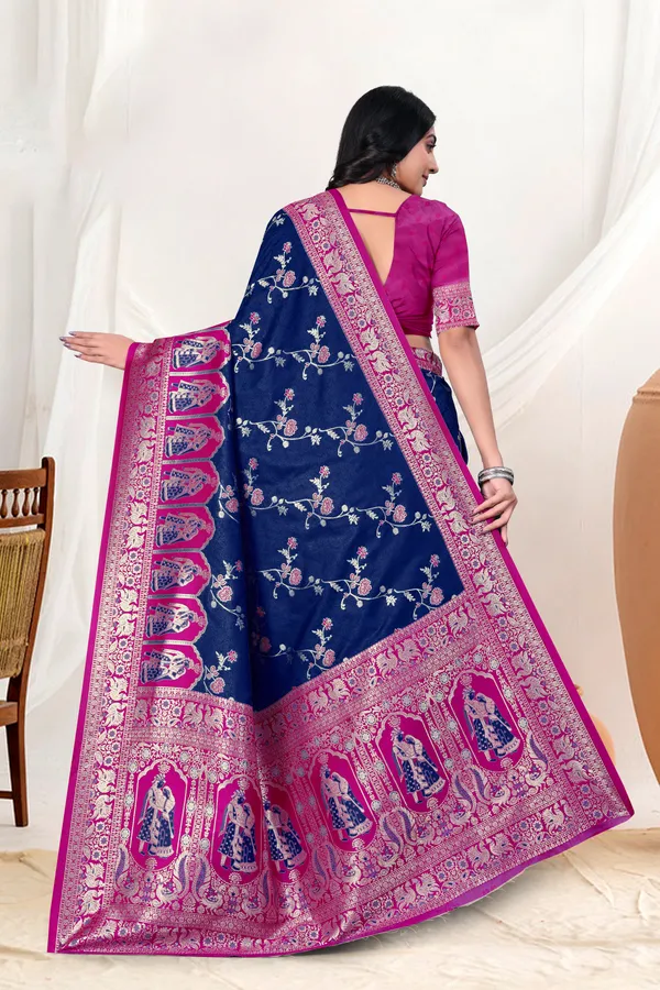 Navy_Blue_Banarasi_Silk_Saree_With_Pink_Zari_Border