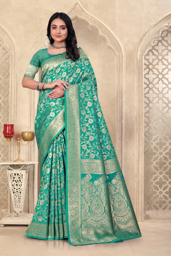 Turquoise_Green_Banarasi_Silk_Saree_With_Golden_Zari_Work