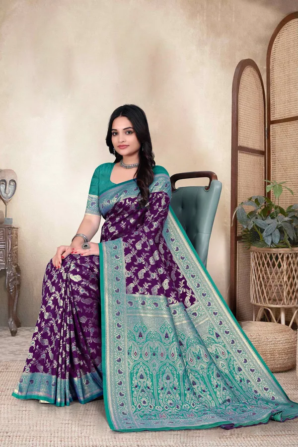 Purple_Banarasi_Silk_Saree_With_Teal_Zari_Border_And_Blouse