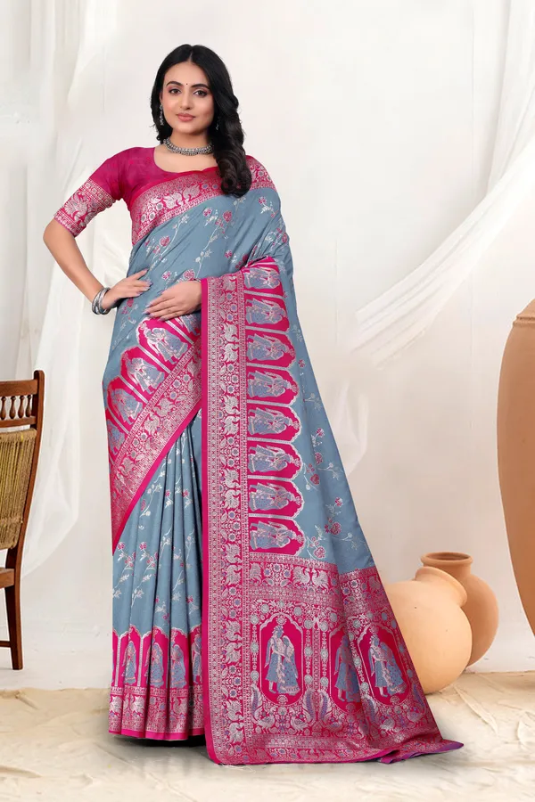 Banarasi_Silk_Saree_With_Zari_Weaving_In_Grey_And_Blue_And_Pink