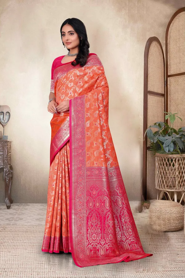 Peach_Orange_Banarasi_Silk_Saree_With_Pink_Zari_Border