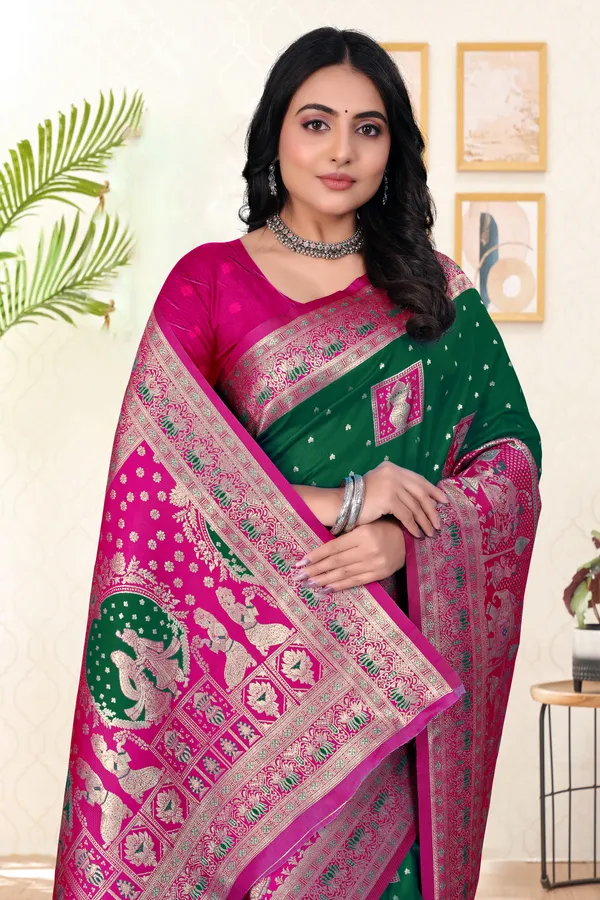 Green_And_Pink_Banarasi_Silk_Saree_With_Zari_Work