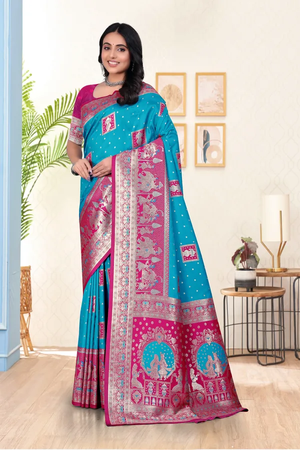 Banarasi_Silk_Saree_In_Sky_Blue_And_Magenta_Pink_With_Traditional_Weaving