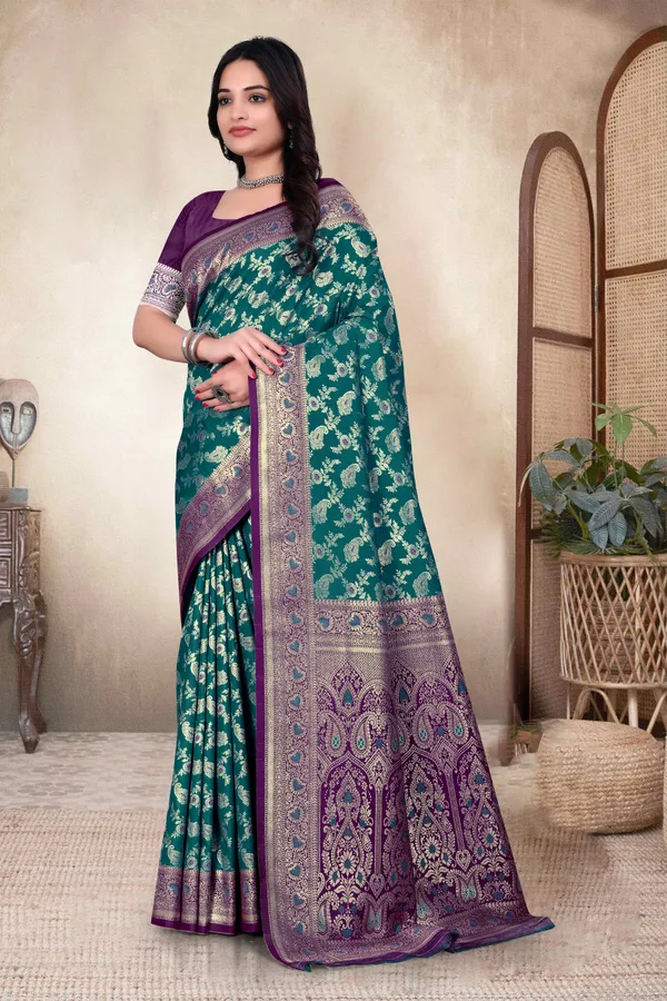 Teal_Green_Banarasi_Silk_Saree_With_Purple_Border_And_Zari_Work