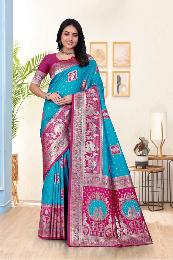 Banarasi_Silk_Saree_In_Sky_Blue_And_Magenta_Pink_With_Traditional_Weaving