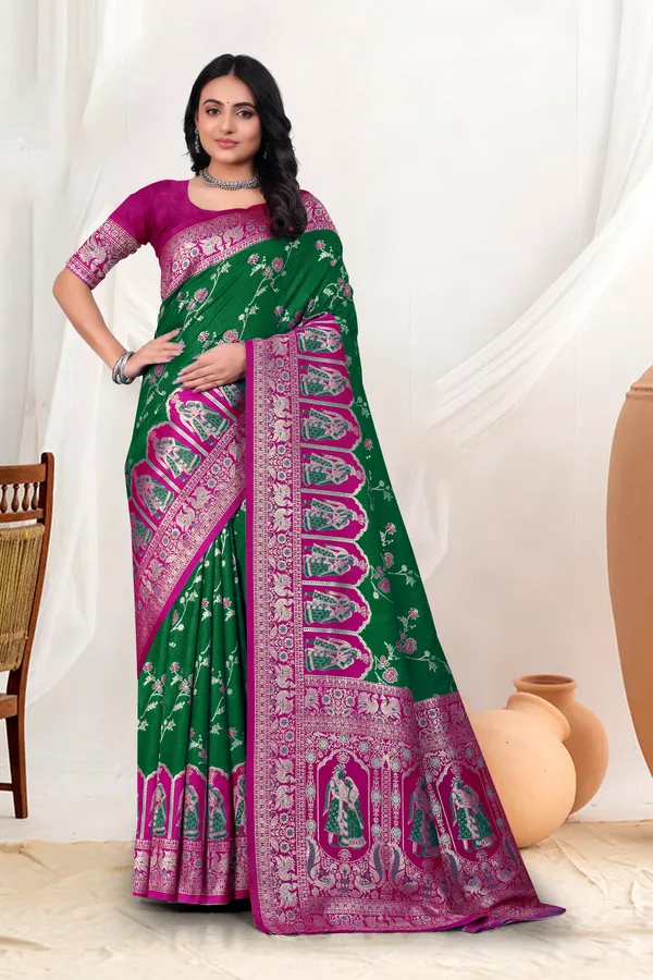Green_Banarasi_Silk_Saree_With_Pink_Zari_Border