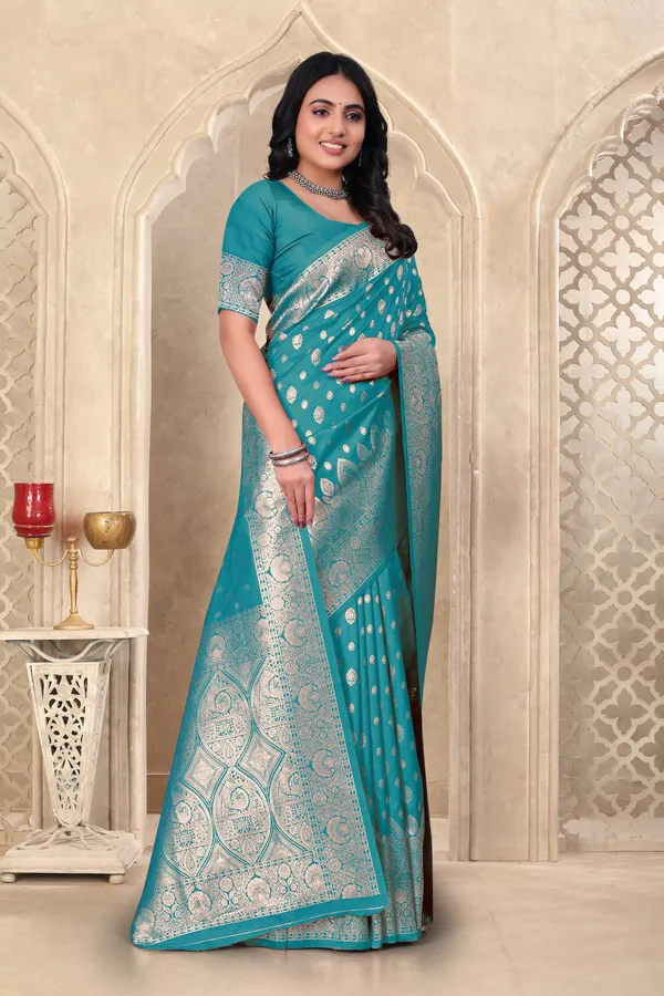 Teal_Blue_Banarasi_Silk_Saree_With_Silver_Zari_Work