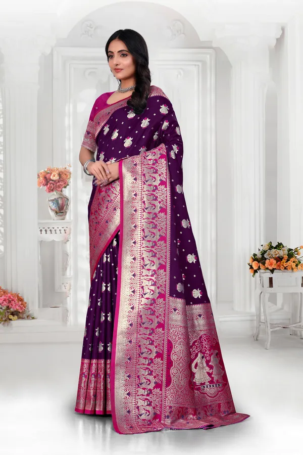 Purple_Banarasi_Silk_Saree_With_Pink_Zari_Border_And_Woven_Motifs