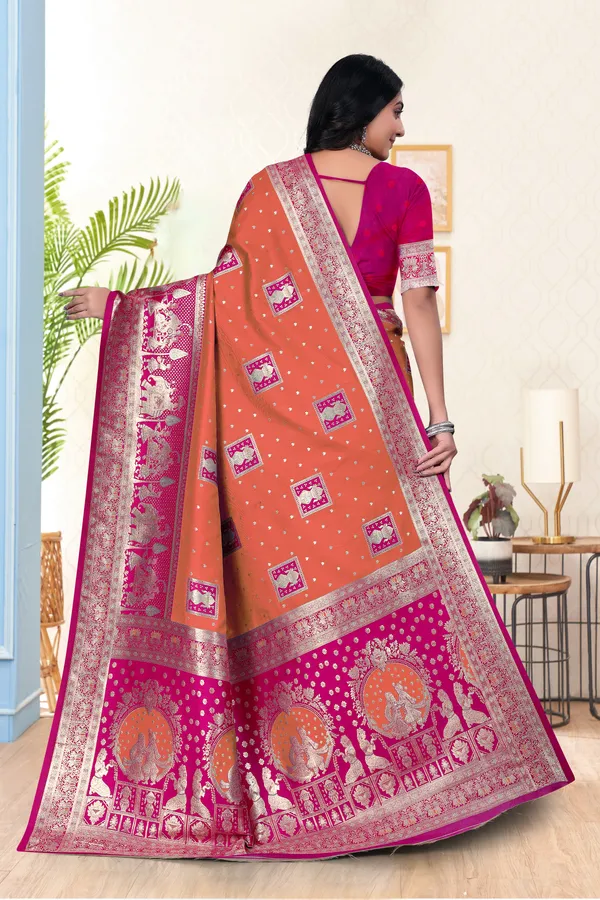 Orange_And_Pink_Banarasi_Silk_Saree_With_Zari_Work