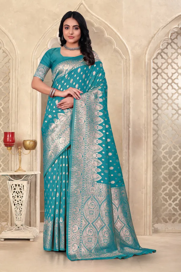 Teal_Blue_Banarasi_Silk_Saree_With_Silver_Zari_Work