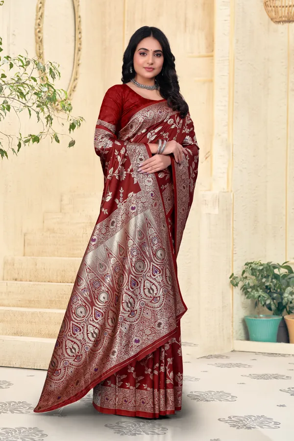 Maroon_Banarasi_Silk_Saree_With_Silver_Zari_Work_And_Embroidered_Blouse