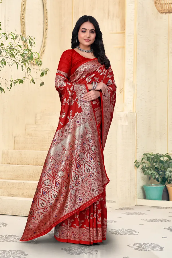 Red_Banarasi_Silk_Saree_With_Silver_Zari_Work