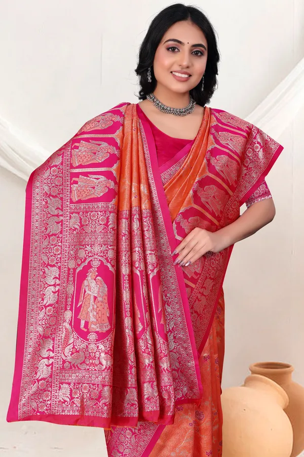 Orange_And_Pink_Banarasi_Silk_Saree_With_Silver_Zari_Work
