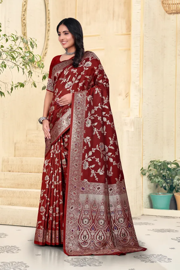 Maroon_Banarasi_Silk_Saree_With_Silver_Zari_Work_And_Embroidered_Blouse