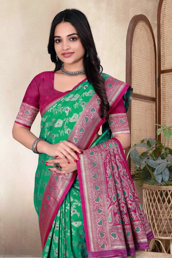 Green_Banarasi_Silk_Saree_With_Pink_Zari_Border_And_Floral_Weaving