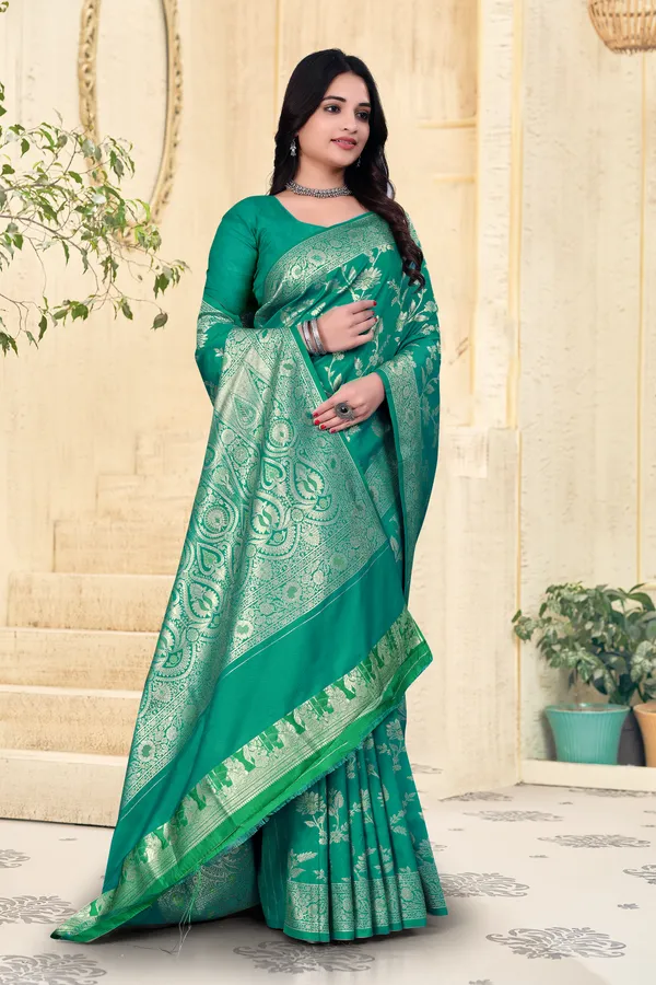 Green_Banarasi_Silk_Saree_With_Golden_Zari_Work
