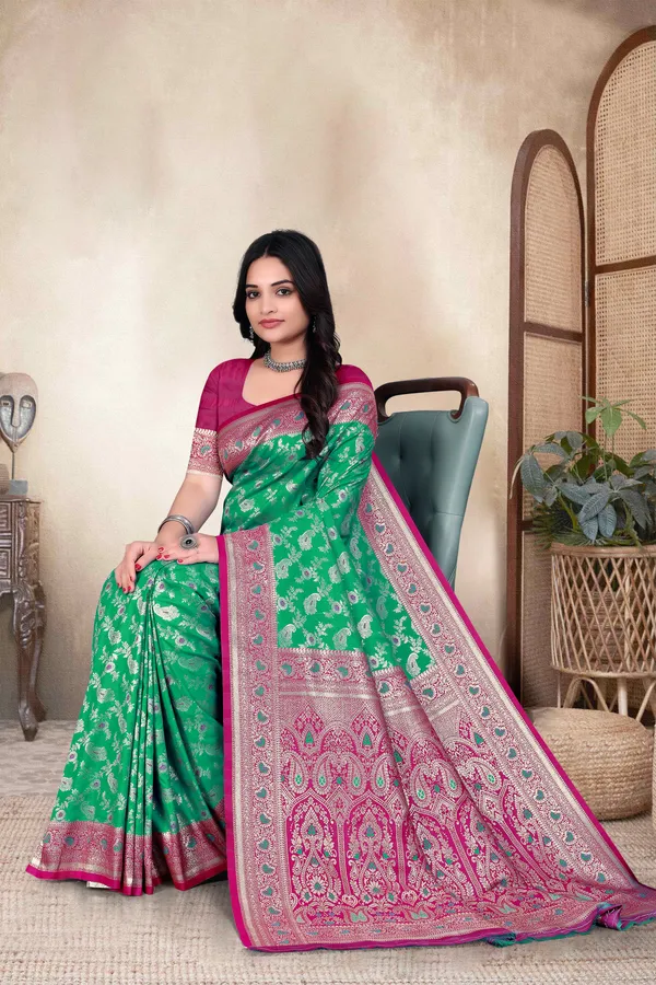 Green_Banarasi_Silk_Saree_With_Pink_Zari_Border_And_Floral_Weaving
