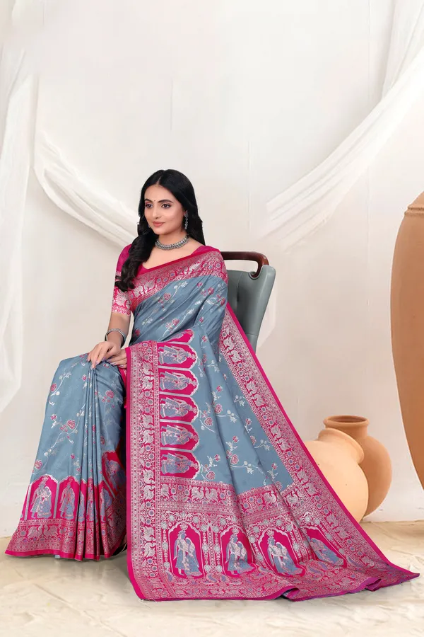 Banarasi_Silk_Saree_With_Zari_Weaving_In_Grey_And_Blue_And_Pink