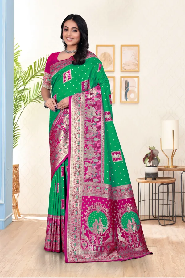 Green_Banarasi_Silk_Saree_With_Pink_Zari_Border_And_Peacock_Motifs