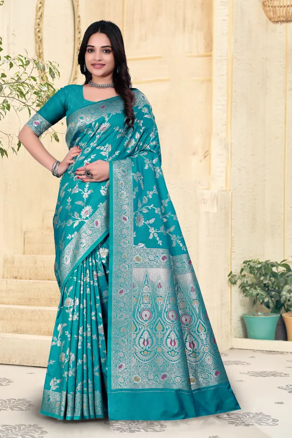 Turquoise_Blue_Banarasi_Silk_Saree_With_Silver_Zari_Work