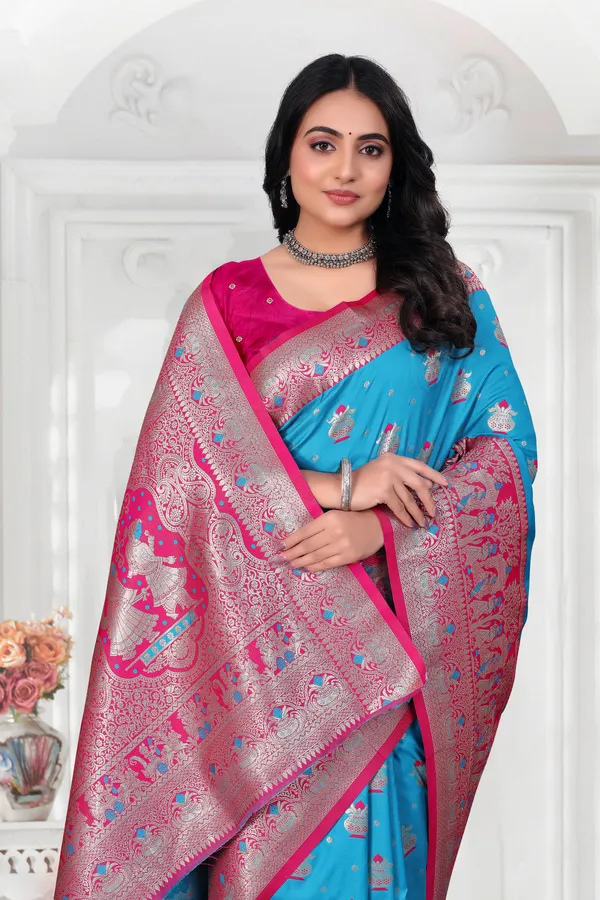 Banarasi_Silk_Saree_With_Zari_Weaving_-_Turquoise_Blue_And_Pink
