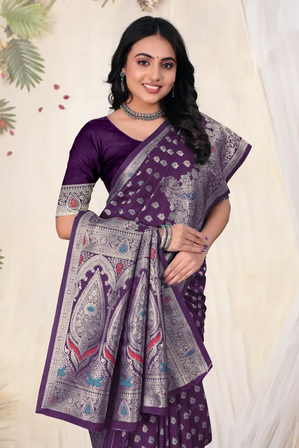 Purple_Banarasi_Silk_Saree_With_Silver_Zari_Work