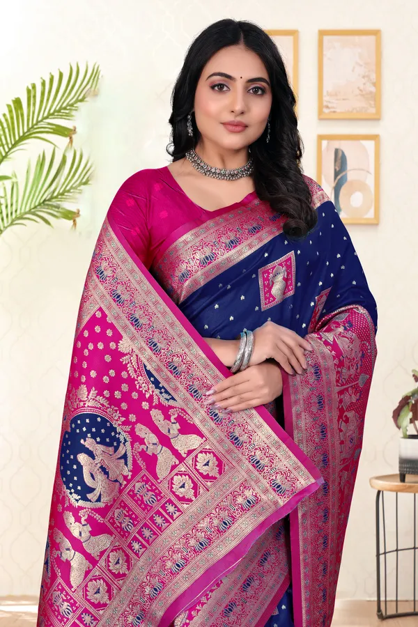 Traditional_Navy_Blue_And_Pink_Banarasi_Silk_Saree_With_Zari_Work
