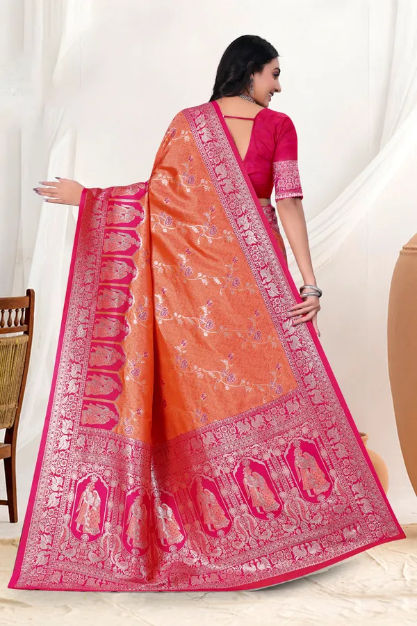 Orange_And_Pink_Banarasi_Silk_Saree_With_Silver_Zari_Work