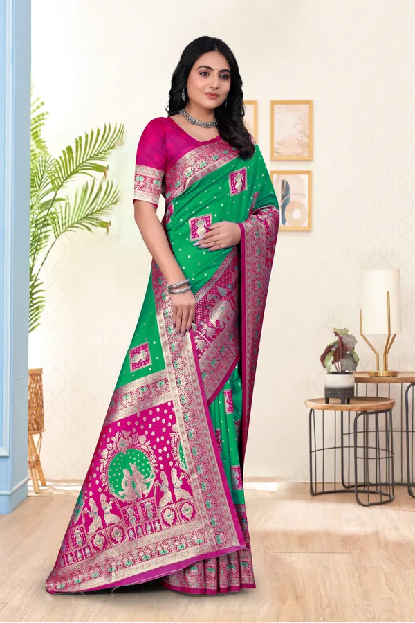 Green_Banarasi_Silk_Saree_With_Pink_Zari_Border_And_Peacock_Motifs