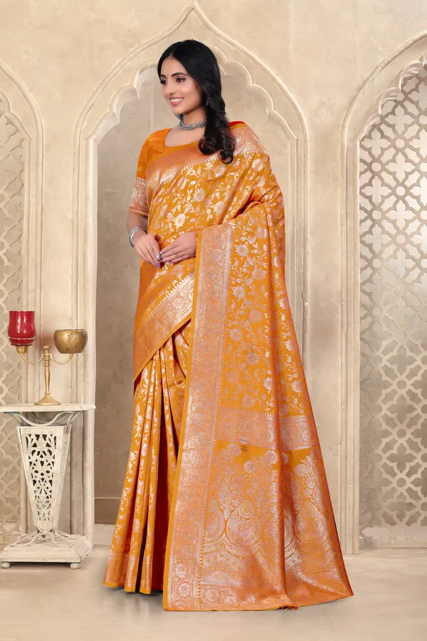 Mustard_Yellow_Banarasi_Silk_Saree_With_Silver_Zari_Work