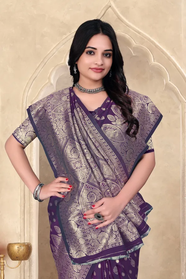 Purple_Banarasi_Silk_Saree_With_Golden_Zari_Work