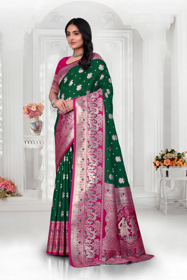Green_Banarasi_Silk_Saree_With_Pink_Zari_Border_And_Peacock_Motifs