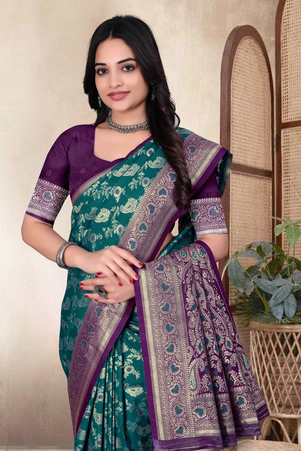 Teal_Green_Banarasi_Silk_Saree_With_Purple_Border_And_Zari_Work