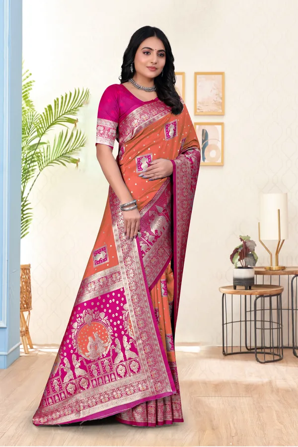 Orange_And_Pink_Banarasi_Silk_Saree_With_Zari_Work