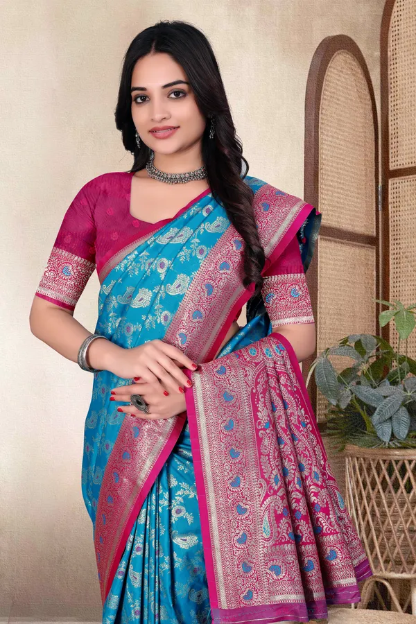 Blue_Banarasi_Silk_Saree_With_Pink_Border_And_Intricate_Weaving