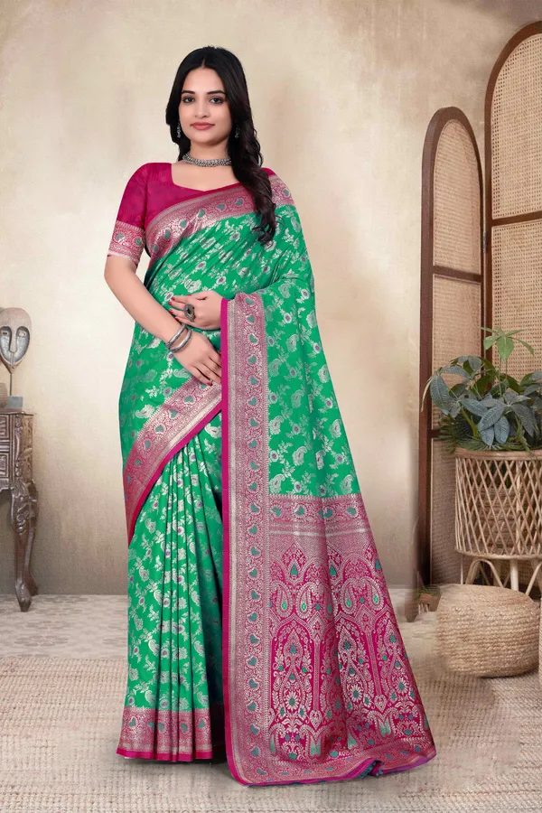 Green_Banarasi_Silk_Saree_With_Pink_Zari_Border_And_Floral_Weaving