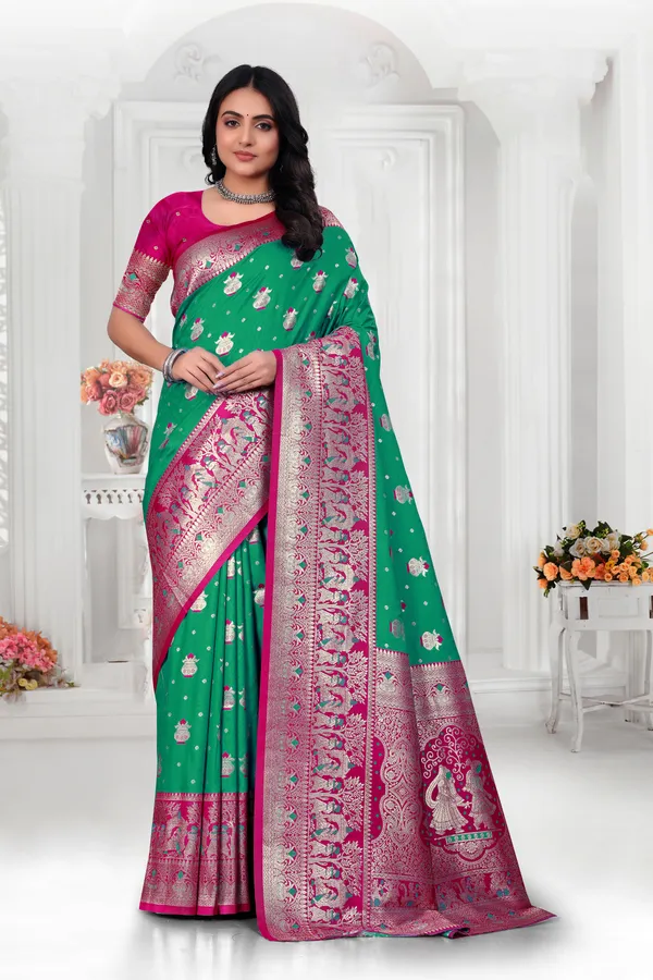 Green_Banarasi_Silk_Saree_With_Pink_Zari_Border