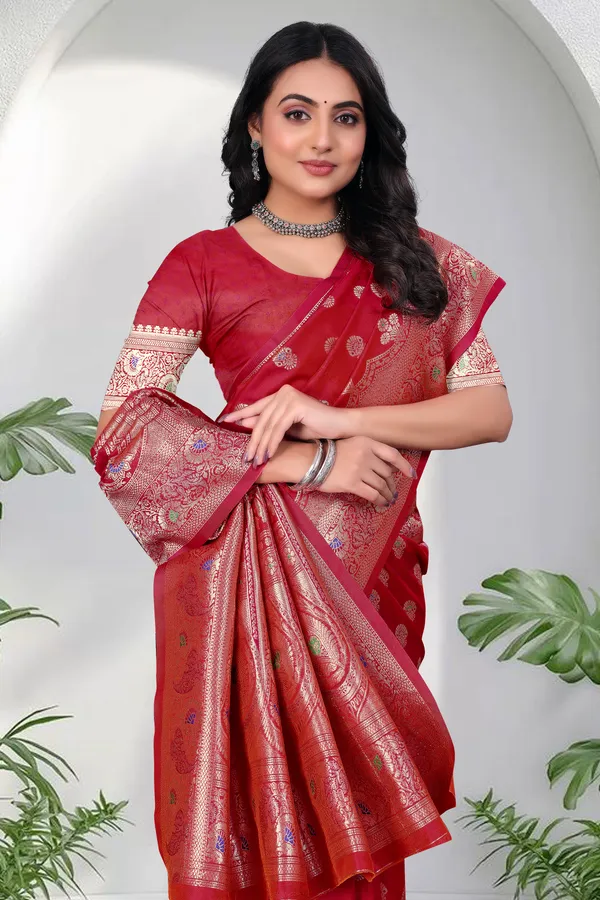 Red_Banarasi_Silk_Saree_With_Golden_Brocade_Work_And_Designer_Blouse