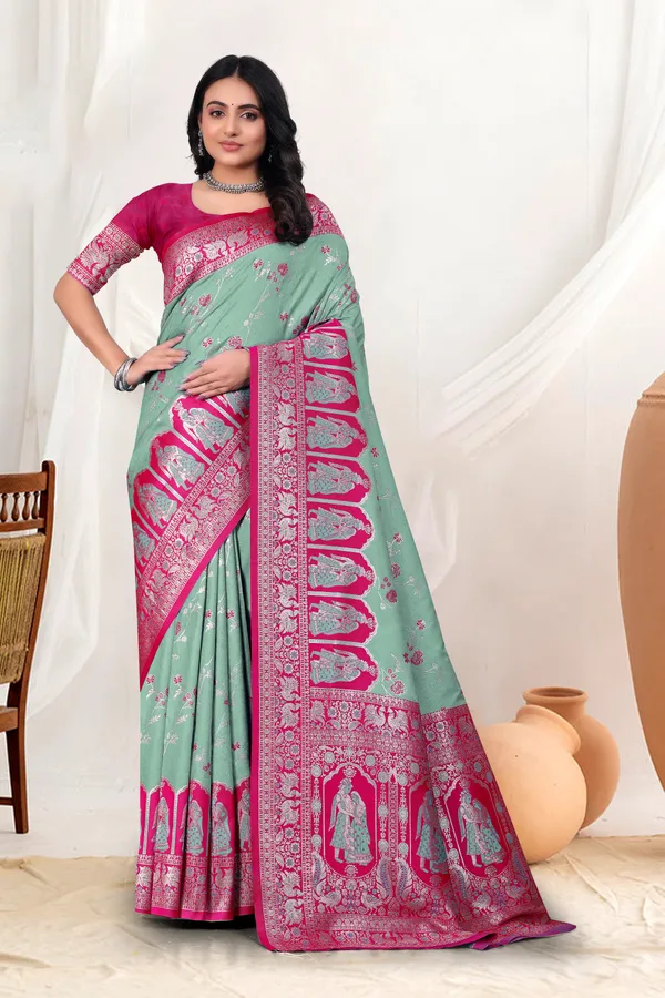 Mint_Green_Banarasi_Silk_Saree_With_Pink_Zari_Border