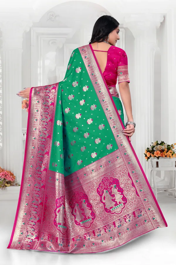 Green_Banarasi_Silk_Saree_With_Pink_Zari_Border