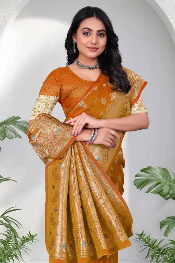 Mustard_Orange_Banarasi_Silk_Saree_With_Golden_Zari_Work