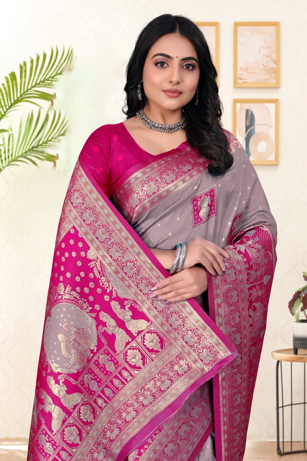 Grey_And_Pink_Banarasi_Silk_Saree_With_Zari_Work
