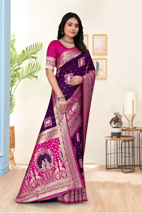 Purple_Banarasi_Silk_Saree_With_Pink_Border_And_Zari_Work