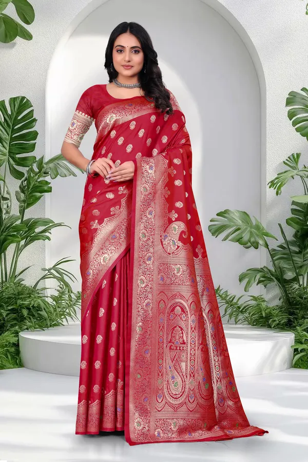 Red_Banarasi_Silk_Saree_With_Golden_Brocade_Work_And_Designer_Blouse