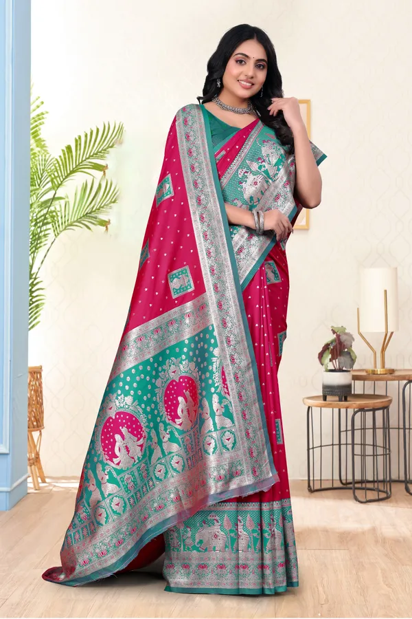 Traditional_Banarasi_Silk_Saree_With_Woven_Border_And_Pallu_-_Magenta_And_Teal_Green