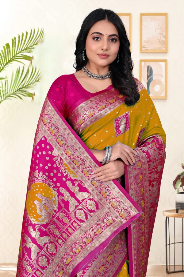 Yellow_And_Pink_Banarasi_Silk_Saree_With_Zari_Work
